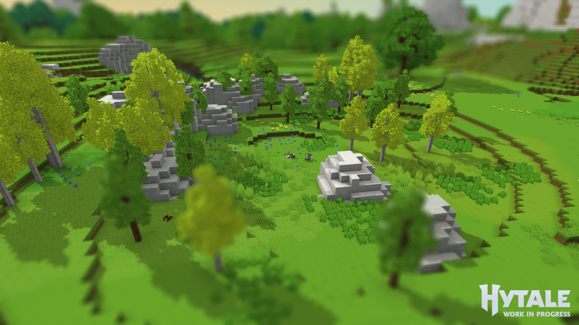 O poiană cu flori apare într-o adâncitură înconjurată de copaci mici și bolovani.